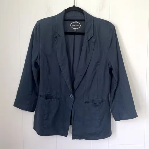 Love Tree  Blue Linen 3/4 Sleeve One Button Lined Blazer Jacket ~ Size Large