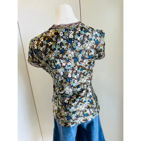 Y2K Floral Womens Tops Silk Size Small/Medium Lace Trim Cottage core Boho Vibes Brown