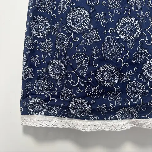 Anchor Blue Vintage 90s Floral Paisley Lace Trim Navy Blue White Mini Sun Dress