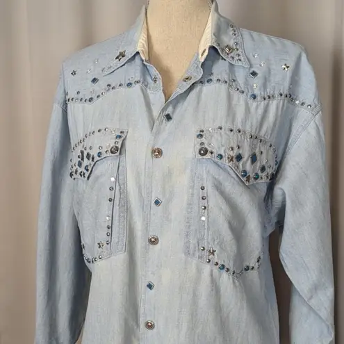 90s Vintage Embellished Denim Snap Button Up Shirt Light Wash Size Small Blue