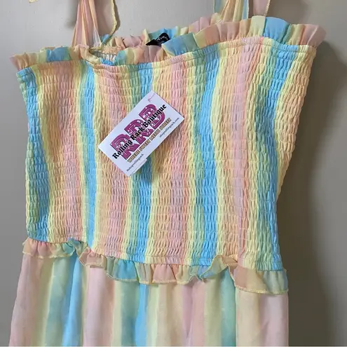 Aakaa NWT pastel rainbow smocked ruffle tiered shoulder tie midi dress Sz Large