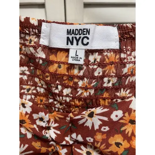 Madden NYC Floral Crop Top Long Chiffon Type Sleeves Ruched Smocked Tie Size L Orange