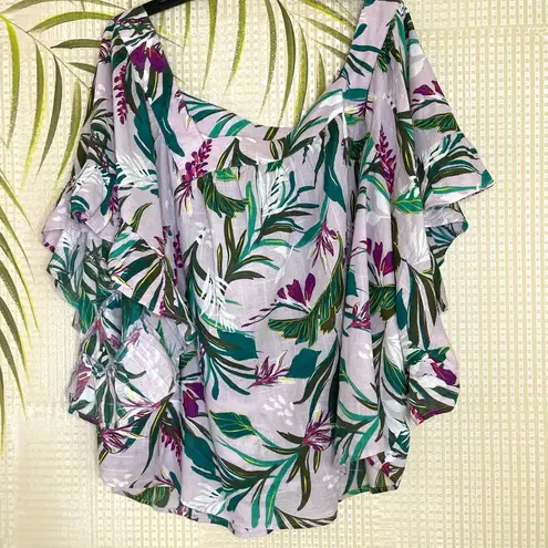 Terra & Sky  Floral and Fronds square neck ruffle sleeve blouse Size Plus 4X