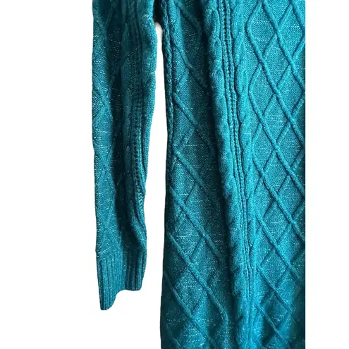 Blue Rain Teal Cable Knit Turtleneck Sweater Dress Metallic Sparkle Small