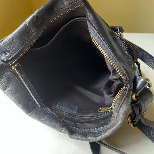 Wise Owl Leather Crossbody Bag Faded Navy Blue Brass Zip Vintage Unisex Satchel Black