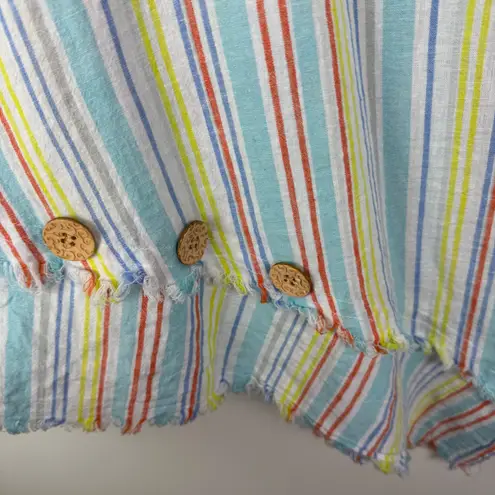 Ali Miles Striped Asymmetrical Hem Tunic Top Large Linen Cotton Coastal Colorful Blue