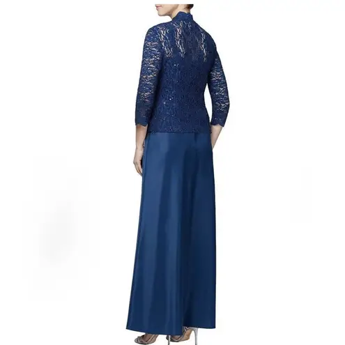 Alex Evenings Navy Blue Lace Glitter Two Piece Jacket Sleeveless Satin Dress 6