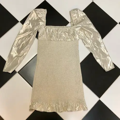 Wilfred NWT Aritzia X  Ballad Smocked Metallic Silver Gold Stretchy Ruffle Mini M