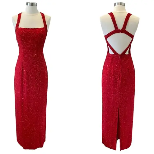 Sean Collection Vintage Red Silk Beaded Gown with Open Back