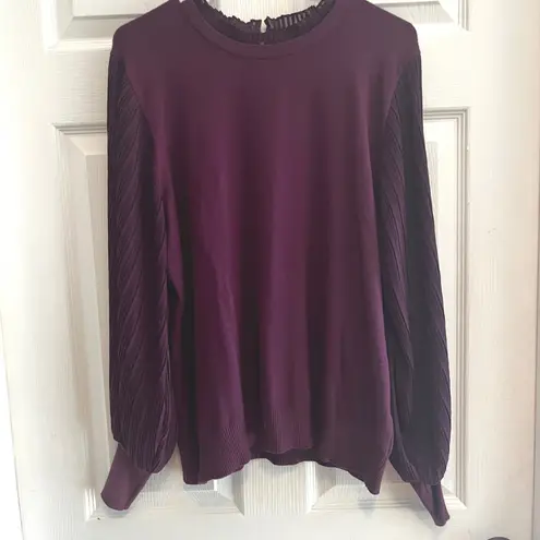 Plum Purple Sweater with Pleated Bishop Sleeves Ruffle Mock Neck Size Medium Purple