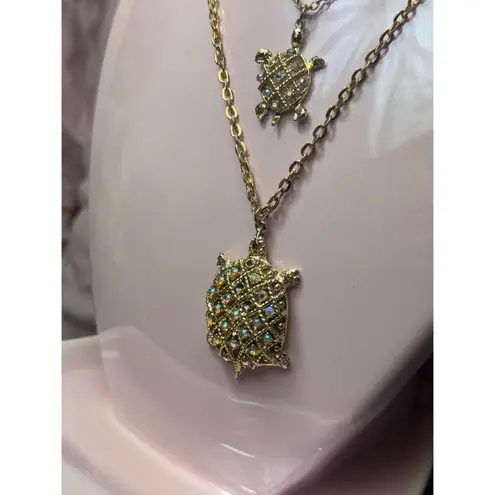 Vintage Gold Jeweled Layered Turtle Mother & Baby Pendant Necklace Chain Set