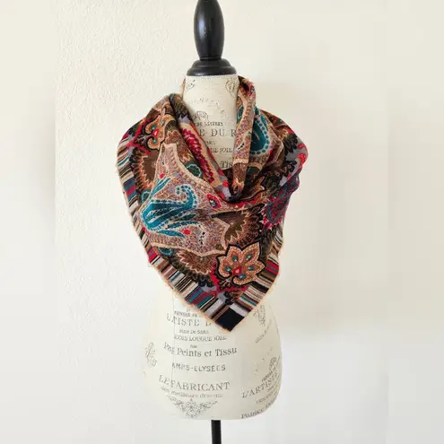 Brown Teal Red Paisley Wool Shawl with Fringe Square Neck Scarf