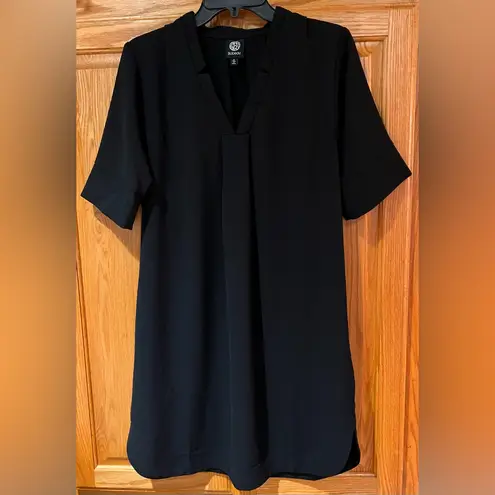 Bobeau Stretch Crepe Pleat Front Curved Hem Black Shirt Dress Size Medium