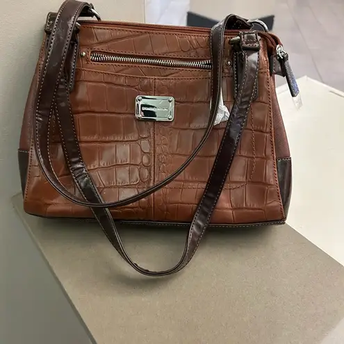 Stone Mountain Brown Leather Satchel with Crocodile Pattern and Silver Accents