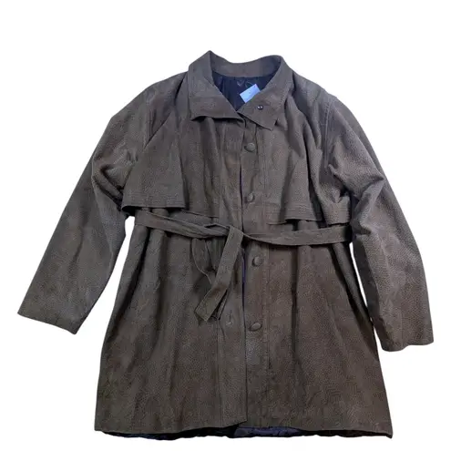 Womens Brown Textured Suede Belted Trench Coat Classic Casual Outerwear Size L