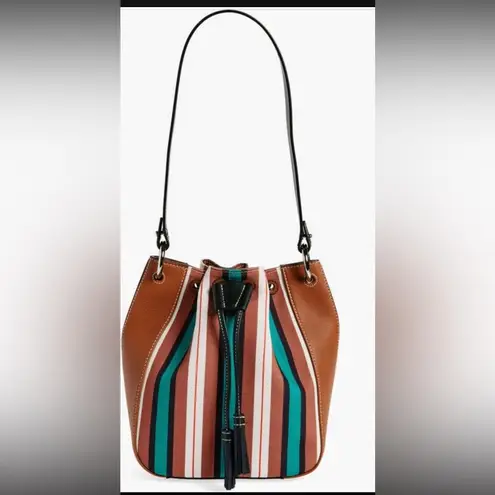 Strathberry X Collagerie Bolo Stripe Canvas Leather Bucket Bag Tan