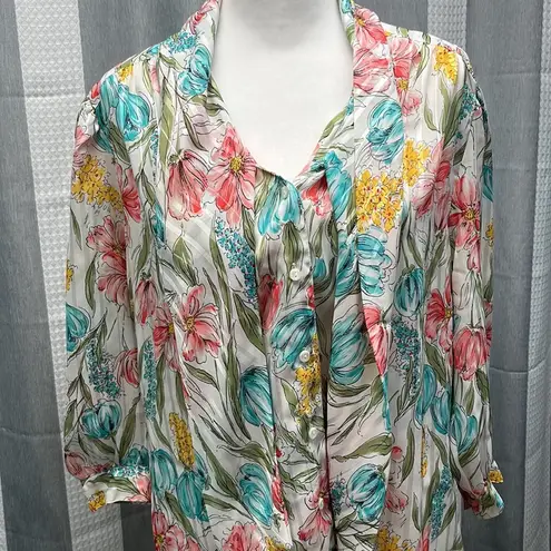 Vintage Floral tie front sheer blouses size 14 White