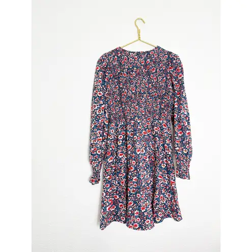 Boden Smocked Bodice Mini Dress Size 12L Blue Floral Long Sleeve Boho Preppy