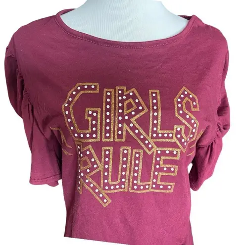 NWT Womens Boutique Girls Rule Gold Glitter Decal Puff Sleeve Top