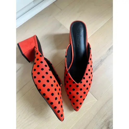 ASOS Polka Dot Starship Mules Orange Red Size 8 US Pointed Toe Kitchy Fun