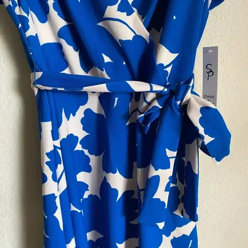 Shelby & Palmer  Cobalt Floral Print Faux Wrap Tie Waist Flutter Sleeve Dress 6