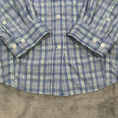 Duluth Trading Co Plaid Button Up Long Sleeve Shirt Women's L Blue Green Size L