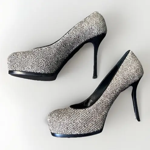 YSL Yves Saint Laurent Tribtoo Pony Hair Pumps Heels Black White 38.5/8 $795