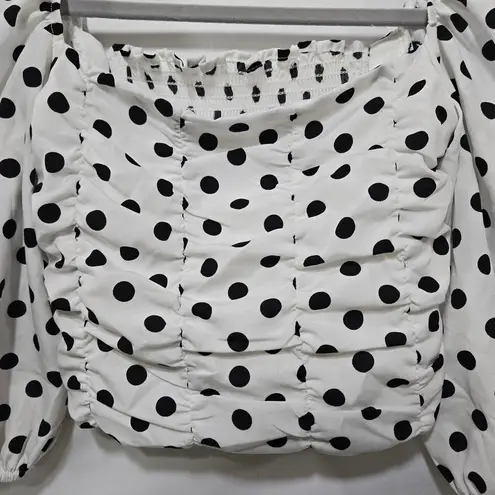 White and Black Polka Dot Puff Sleeve Cropped Smocked Corset Like Women's Blouse Size XS