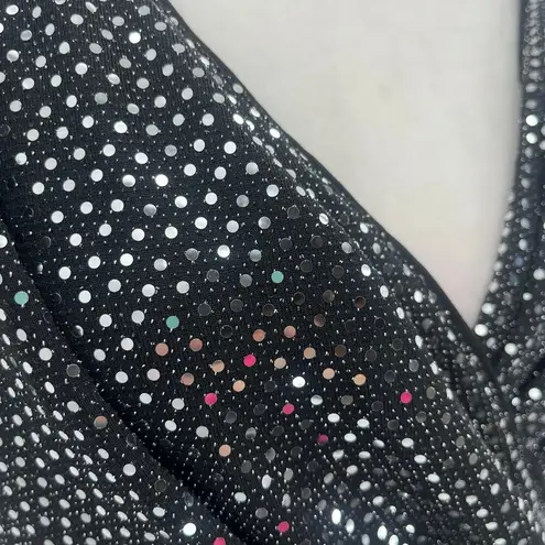 Grace Karin Y2K Silver Wrap Sequin Dress Sz L Glam Clubwear Black Ruched Sparkly
