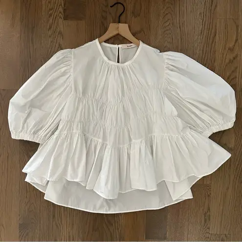 Brogger Round Neck Puff Sleeve Tiered Oversized Taffeta Blouse in White Large