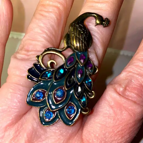 Lot of 3 Statement Rings Adjustable Bands Peacock Enamel Rhinestone Cocktail Gold
