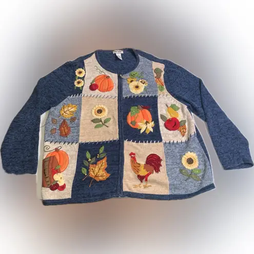 Vintage Fall Autumn Thanksgiving Blue Patchwork Embroidered Knit Zip Sweater 1X