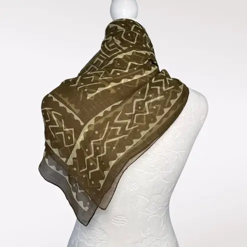 Vintage Sheer Square Scarf Khaki Green Batik Print Oversized Shawl Wrap