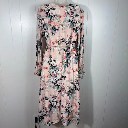 Willow & Clay Boutique Pastel Pink Wrap Long Puff Sleeve Floral Midi Dress Large