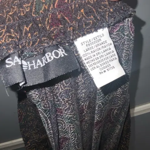 Sag Harbor Vintage Pull On Pleated Midi Skirt Plum Green & Gold Print Pockets Lg