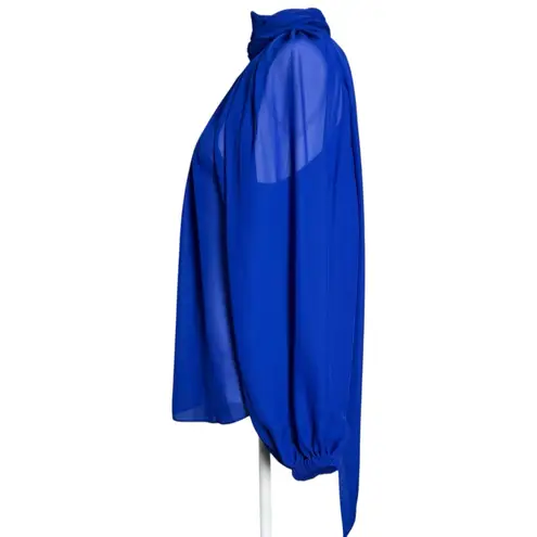 Mac Duggal NWT Sheer Blue Long sleeve Button Up Blouse Size XS Style: R81060 AZU