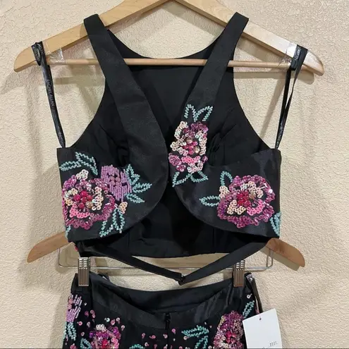 Rachel Allan 7511 floral black tulle high neckline two piece prom dress NEW 0