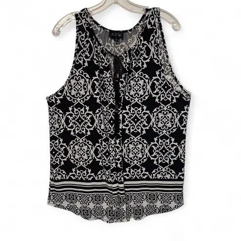 AUW Brand Sleeveless Black and White Abstract Boho Bohemian Flowy Blouse XL