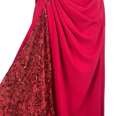 Tadashi Shoji One Shoulder Lace Insert Gown Geranium Red Size 12