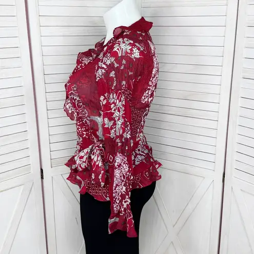 Sunny Leigh Ruffled Patchwork Floral Crinkle Chiffon Wrap Blouse Red Large