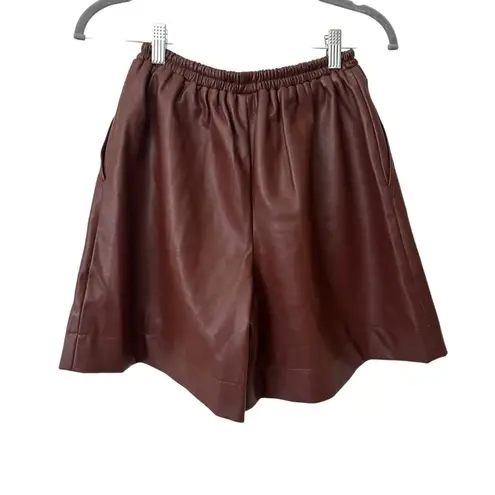 STAUD Clark Vegan Leather Mid-Length Shorts Brown XS