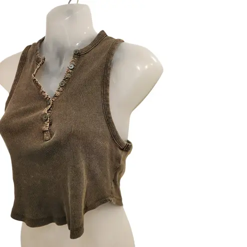 Garage  Brown Sleeveless Knit Rib Casual Pullover Cropped Henley Tank Top Medium