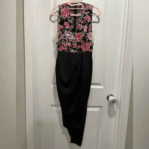 Sau Lee Mila Embroidered Tulip Skirt Dress Asymmetrical Mesh Size 0 US 4 UK Black