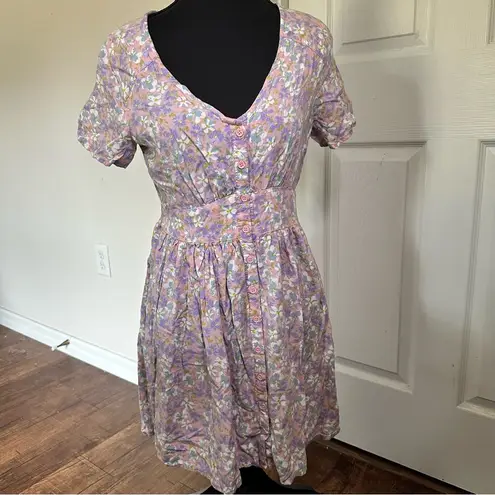 Hesperus Pink and Purple Floral Short Sleeve V-Neck Mini Sundress