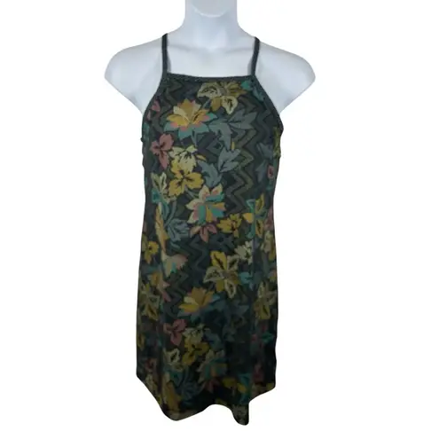 prAna Ardor Dress “Black Horchata” XL — Racerback Built-In Bra Floral Mini