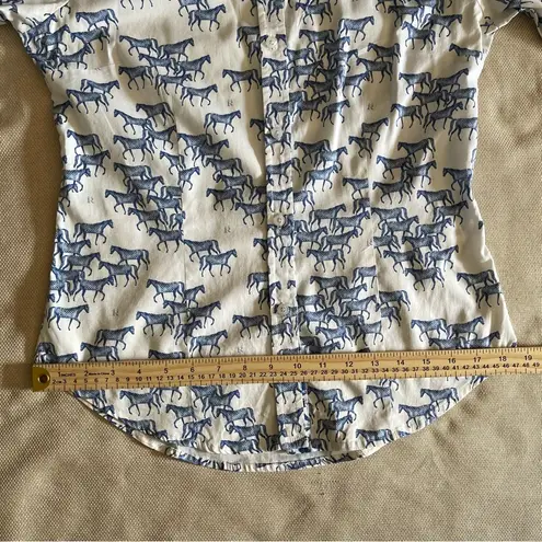 Rönner Horse Print Blouse Sz 8 Equestrian Button Down Shirt Horse Lover Barn Blue