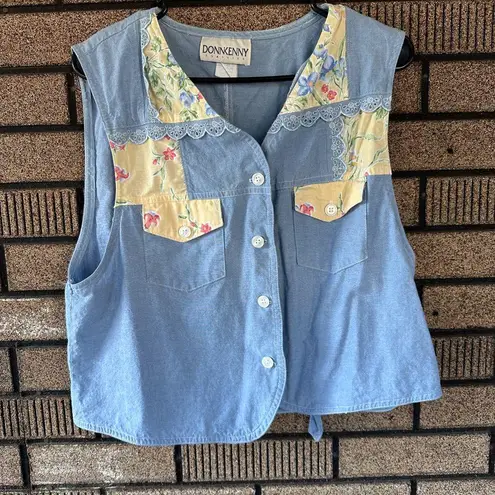 Vintage Donkenny Chambray Vest Floral Patchwork Cottagecore (M/L) Blue Size L