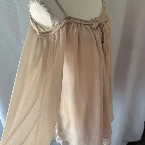 Purple Snow Romantic Sheer Off-Shoulder Blouse with Lace-Up Front – Blush Beige