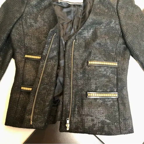 By Malene Birger Tweed Blazer Black Jacket Chic Metallic Gold Flecks Zip Front 8