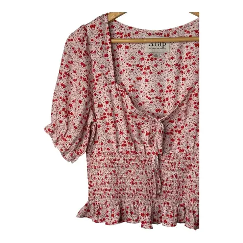 Atap Floral Smocked Tie Front Top Blouse Red White Short Sleeve Ruffle Size XL